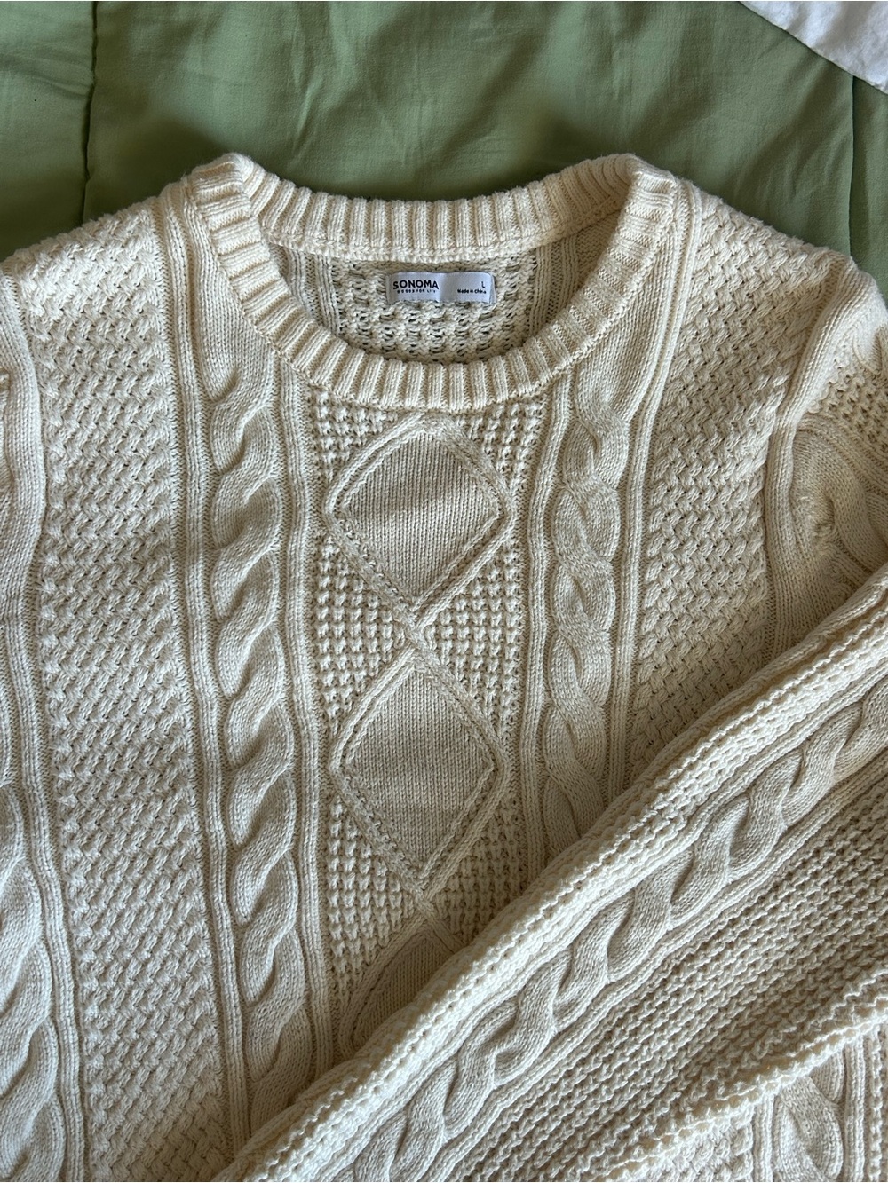 Sonoma Ivory Cable-Knit Crewneck Sweater - Men